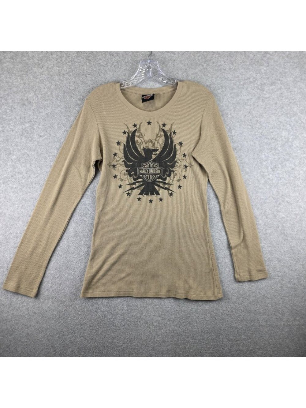 Harley-Davidson Shirt Womens S Beige Long Sleeve Thermal Graphic Biker Tee